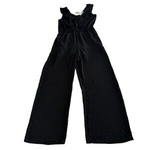 NWT Socialite Jumpsuit Sz M Black Off Shoulder Ruffle Pockets Wide Straight Leg